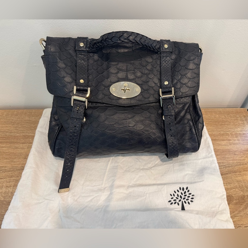 Mulberry Alexa Large Satchel in Navy Blue Silky Snakeskin Leather, Gold Hardware